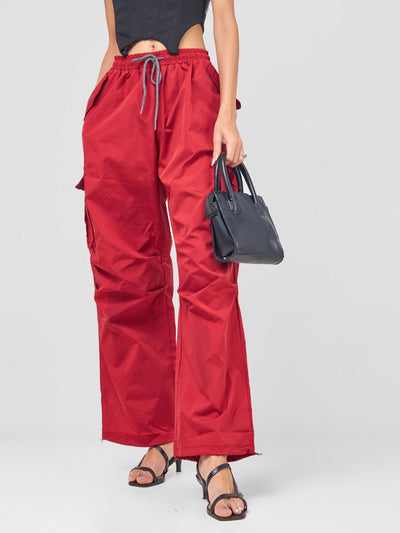 Carrie Wahu X SZ Diani Straight Fit Elasticated Double Pocket[s] and Adjustable Drawstrings On The Hem - Red - Shopzetu