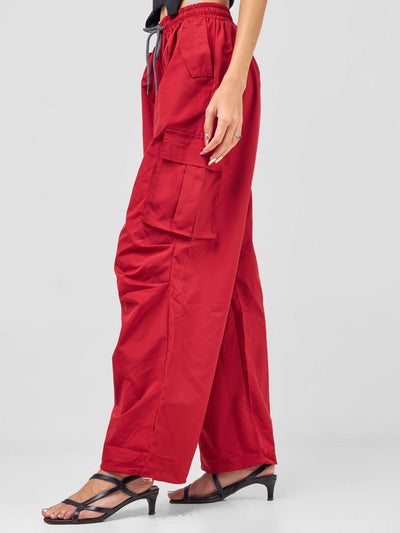 Carrie Wahu X SZ Diani Straight Fit Elasticated Double Pocket[s] and Adjustable Drawstrings On The Hem - Red - Shopzetu