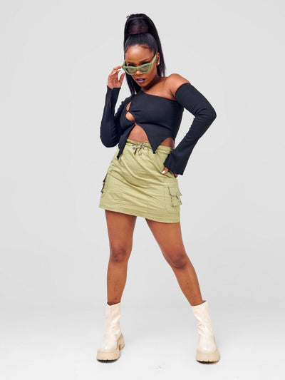 Carrie Wahu X SZ Long Sleeved Asymmetrical Cutout Crop Top - Black - Shopzetu