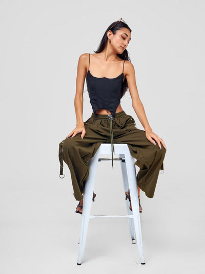 Carrie Wahu X SZ Midi Rise ''Design'' Straight Fit Cargo Trousers - Army Green - Shopzetu