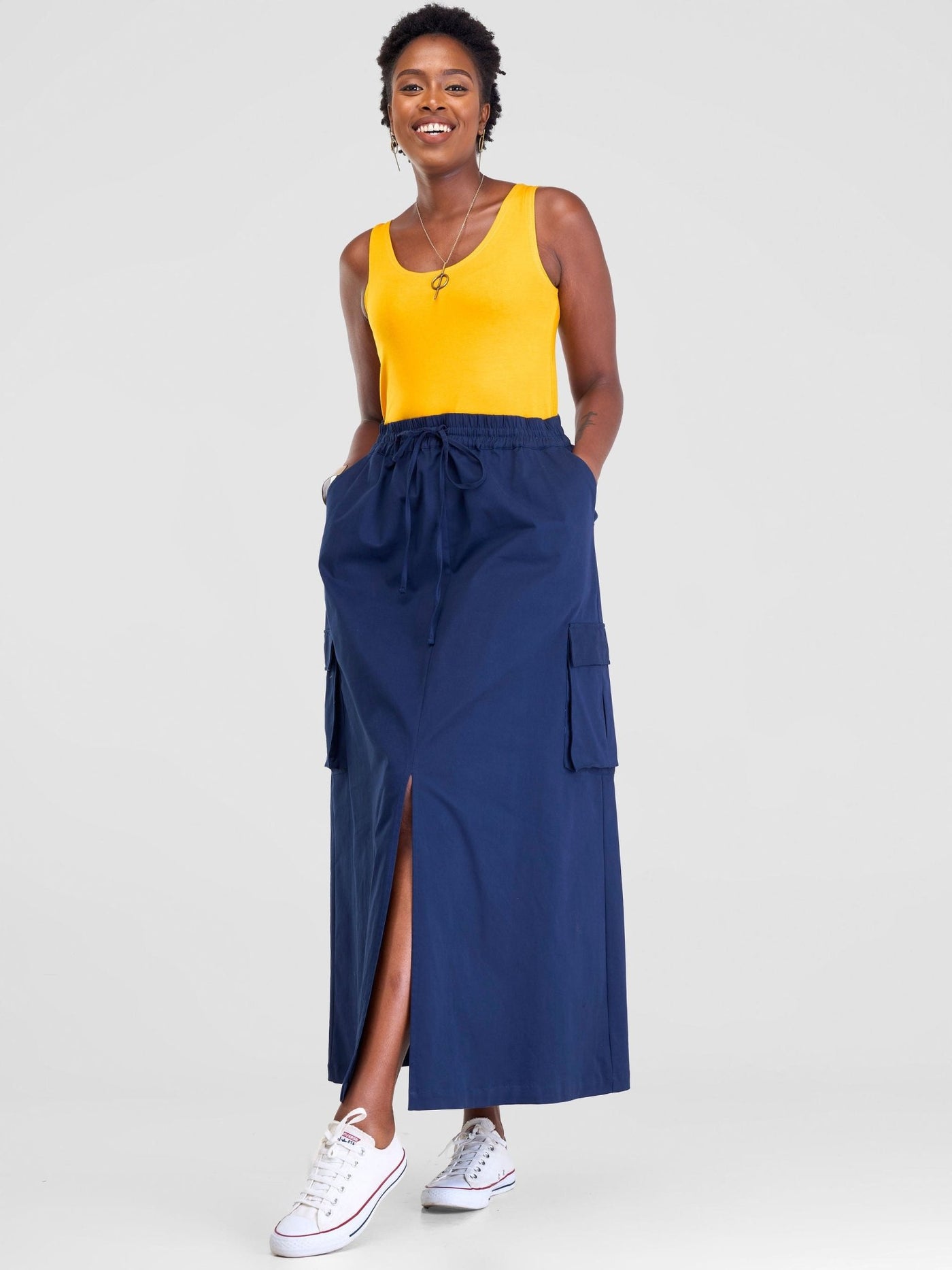 Safari Lira Front Slit Maxi Skirt - Navy Blue - Shopzetu