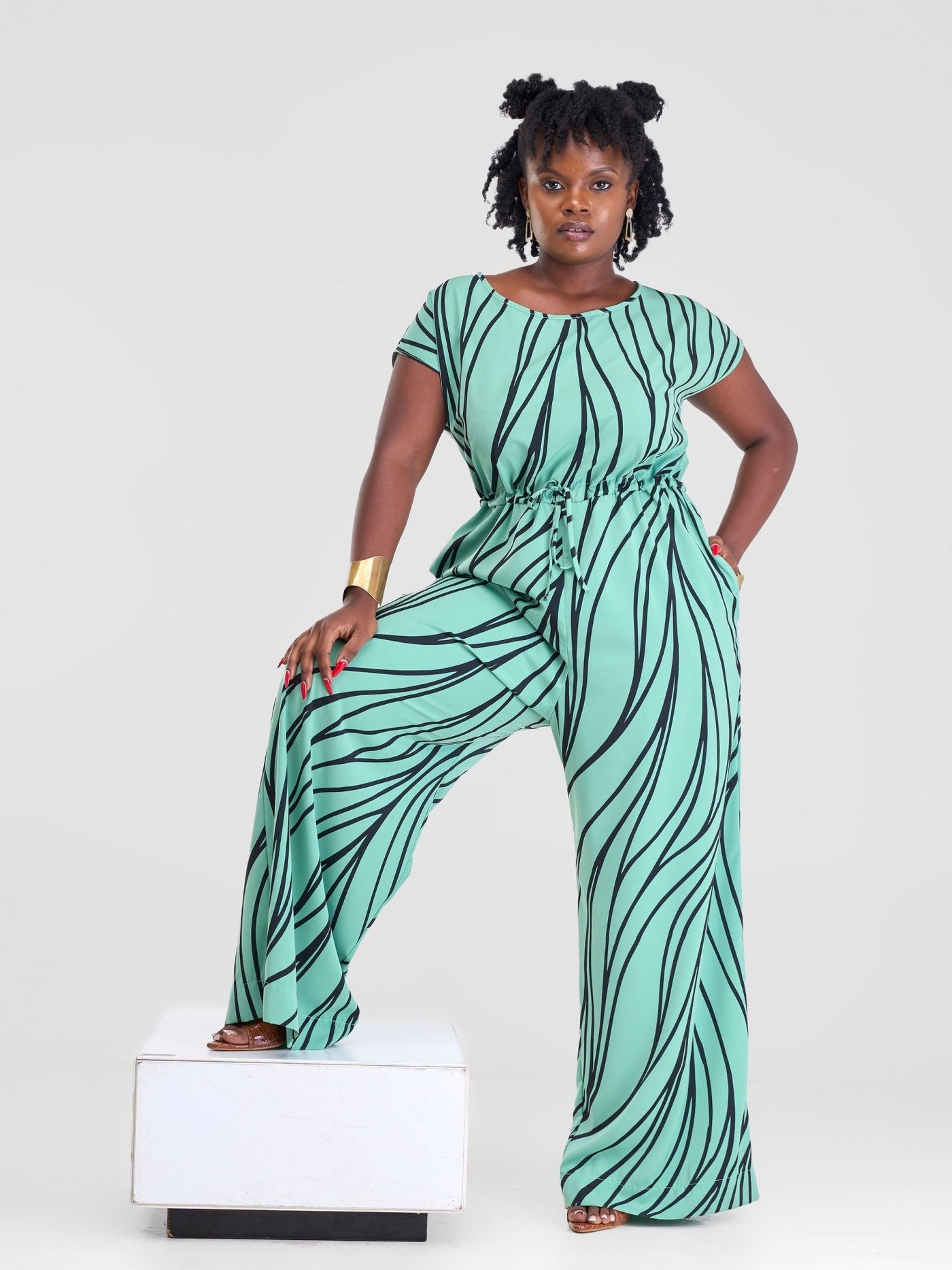 Vivo Sakari Drop Shoulder Jumpsuit - Lime Green Sari Print - Shopzetu