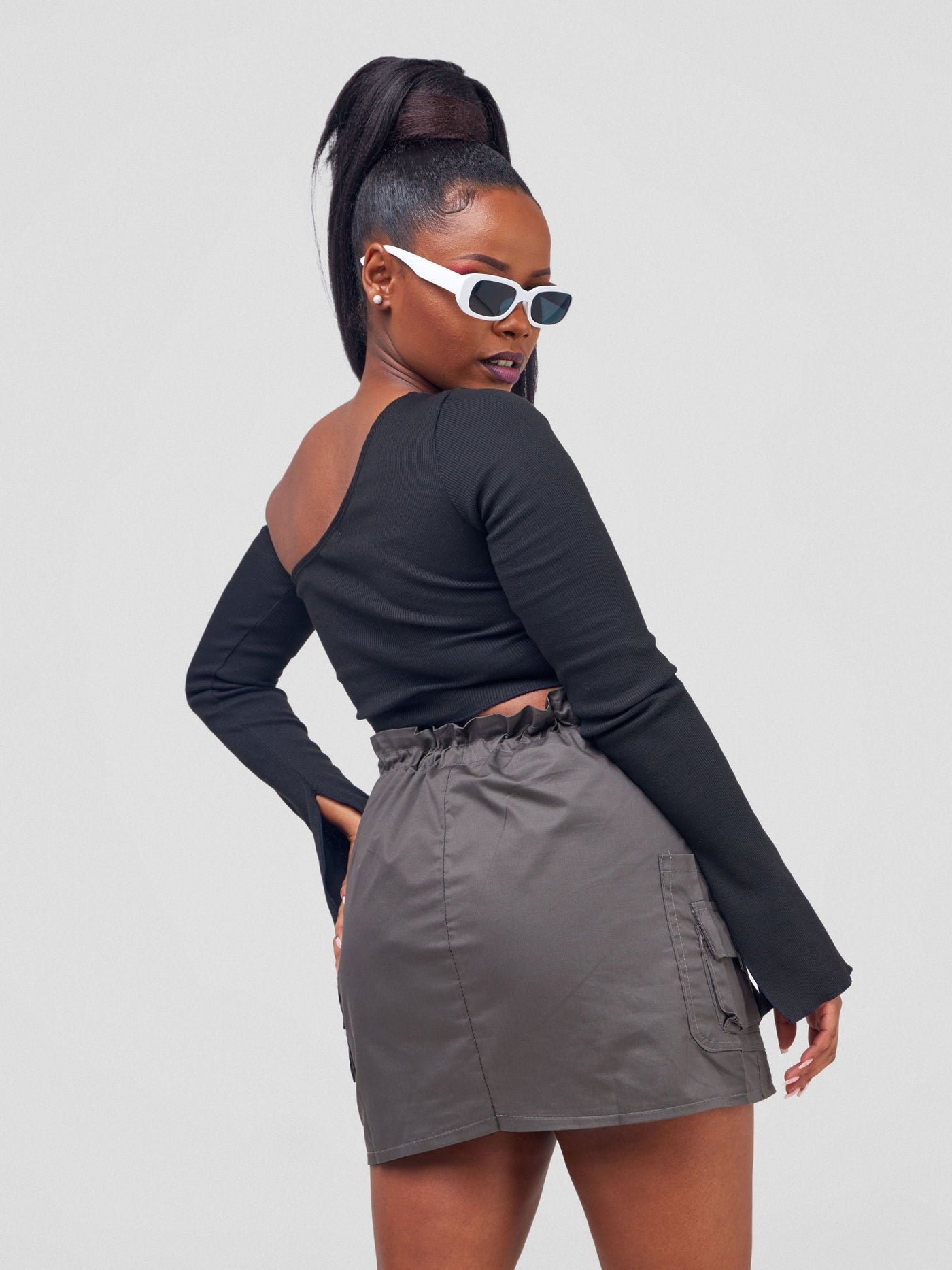 Carrie Wahu X SZ Long Sleeved Asymmetrical Cutout Crop Top - Black - Shopzetu