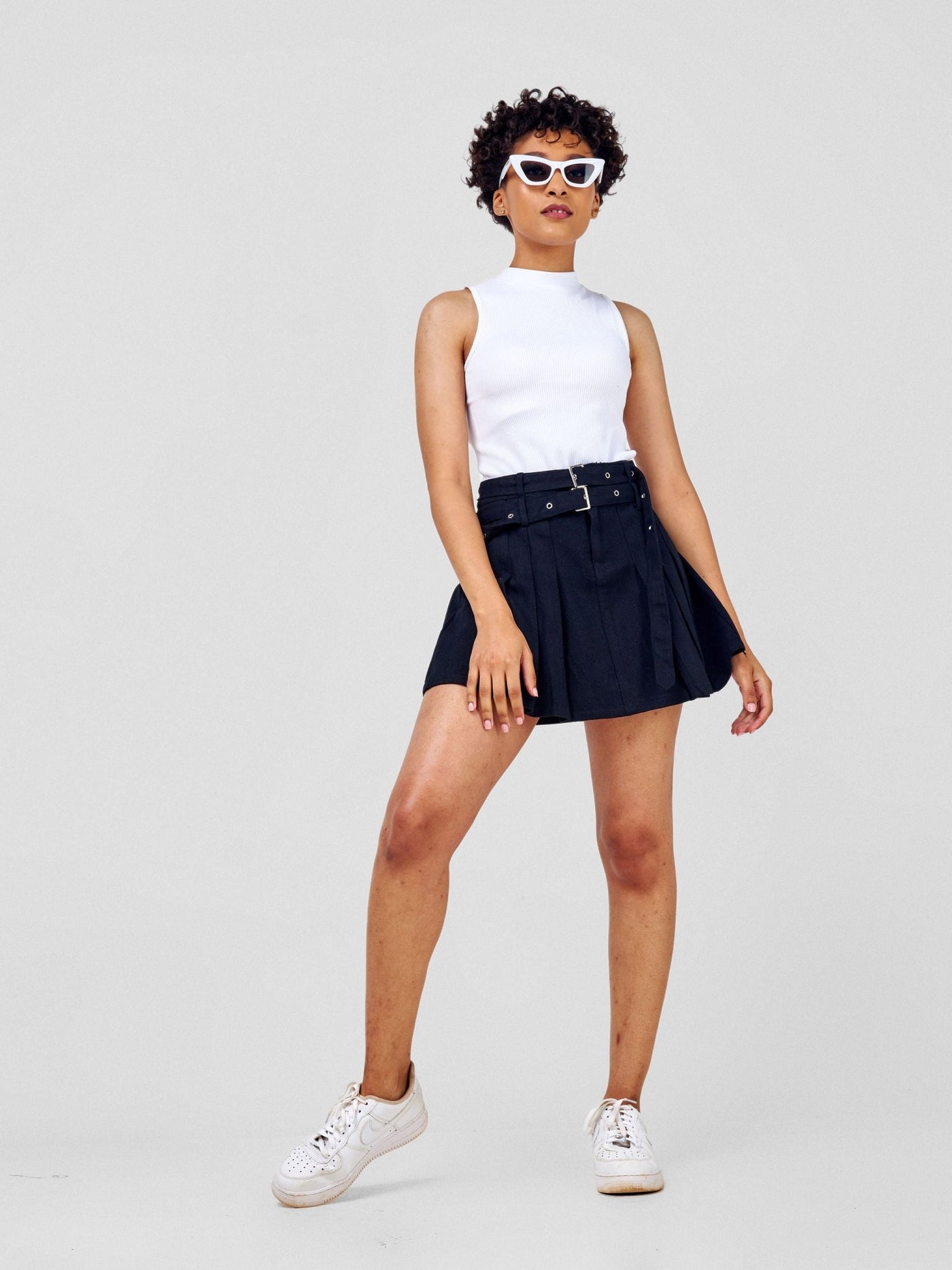 Carrie Wahu X SZ Pleated Double Buckle Miniskirt - Black - Shopzetu