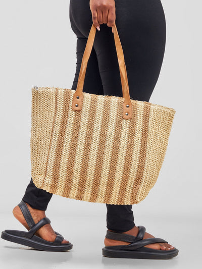 Sayuri Striped Sisal Knitted Beach Bag - Brown - Shopzetu