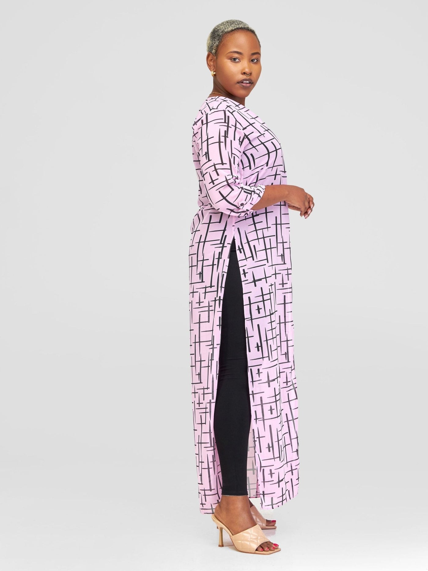 Vivo Mistari 3/4 Sleeve Side Slit Maxi Top - Pink Geometric Print - Shopzetu