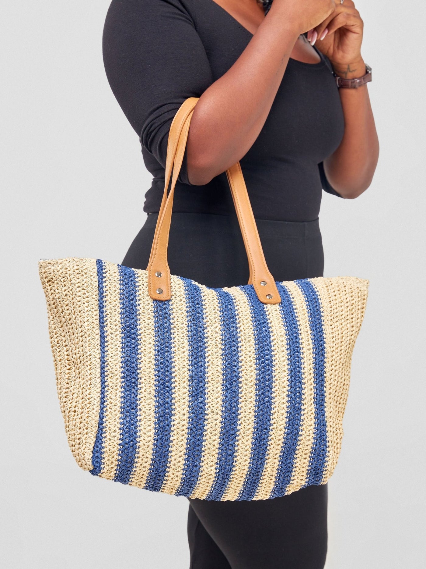 Sayuri Striped Sisal Knitted Beach Bag - Blue - Shopzetu