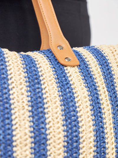 Sayuri Striped Sisal Knitted Beach Bag - Blue - Shopzetu