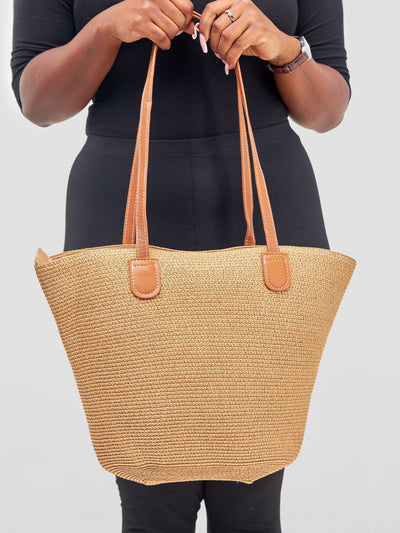 Sayuri Brown Sisal Bag with Leather Straps - Brown - Shopzetu