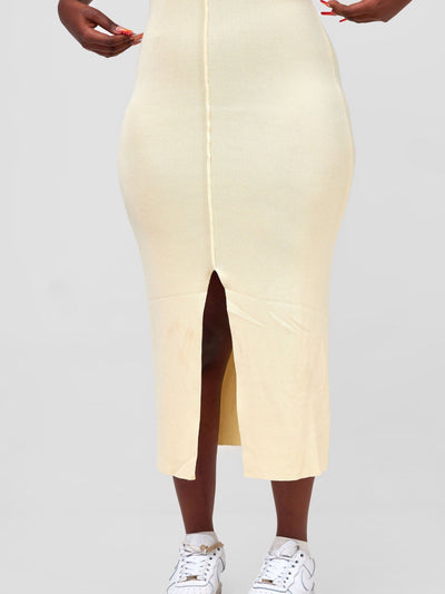 Carrie Wahu X SZ A-Line Sleeveless Ribbed Dress W/Front Slit - Cream - Shopzetu