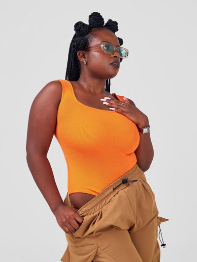Carrie Wahu X SZ Square Neck Ribbed Sleeveless Bodysuit - Orange - Shopzetu