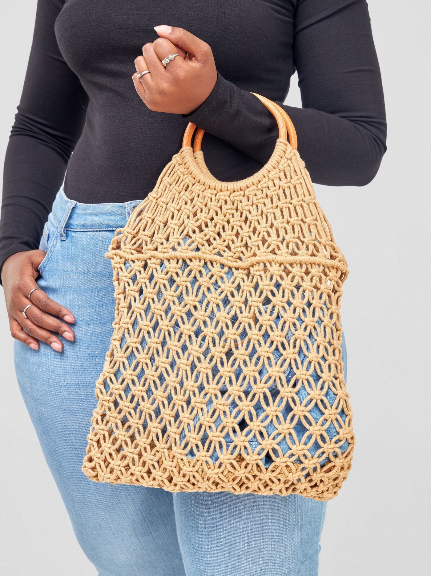 Sayuri Knitted Basket Boho Tote - Brown - Shopzetu