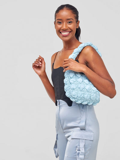 Mona Puffy Mini Shoulder Bag with Front Zipper - Baby Blue - Shopzetu