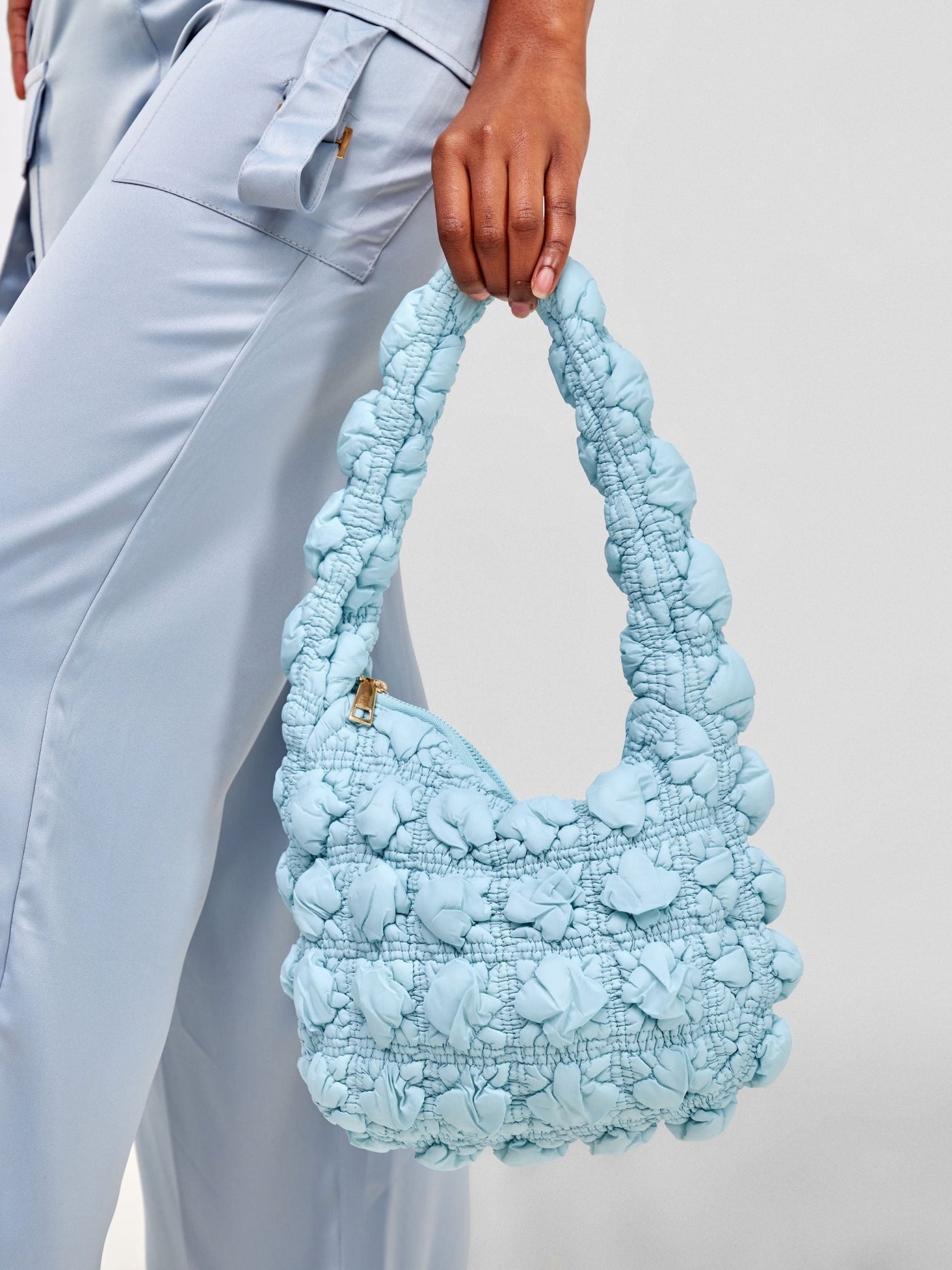 Mona Puffy Mini Shoulder Bag with Front Zipper - Baby Blue - Shopzetu