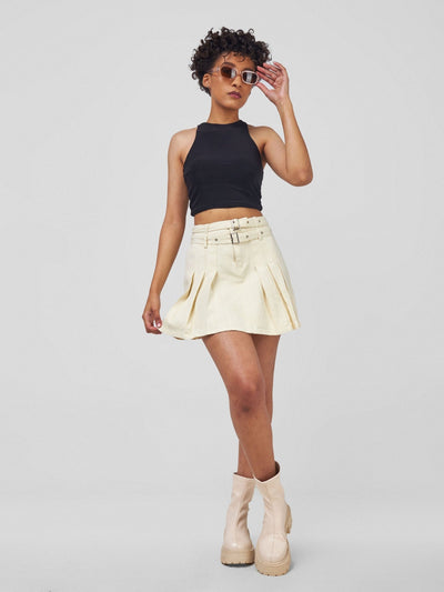 Carrie Wahu X SZ Pleated Double Buckle Miniskirt - Cream - Shopzetu