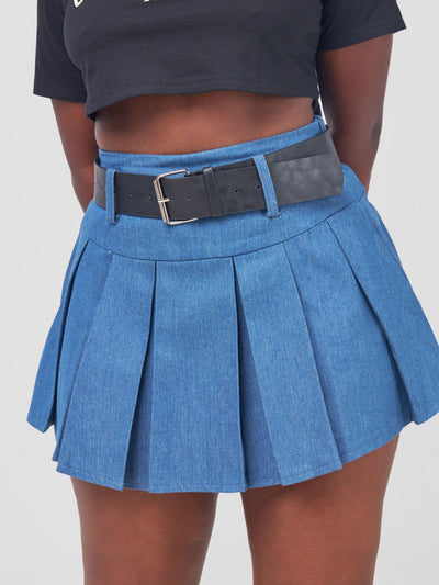 Carrie Wahu X SZ Denim Skater Skirt With Belt - Light Blue - Shopzetu