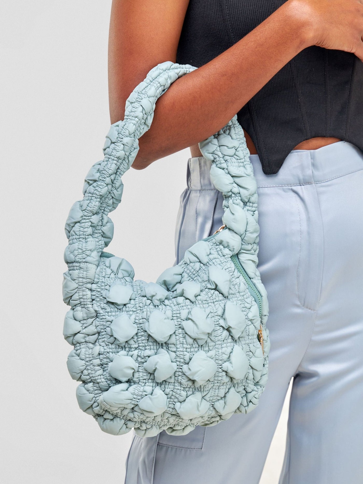 Mona Puffy Mini Shoulder Bag with Front Zipper - Aqua - Shopzetu
