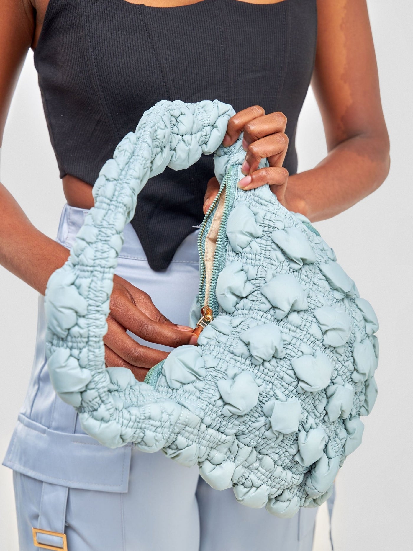 Mona Puffy Mini Shoulder Bag with Front Zipper - Aqua - Shopzetu