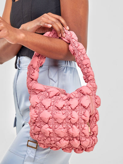 Mona Puffy Mini Shoulder Bag with Front Zipper - Blush Pink - Shopzetu