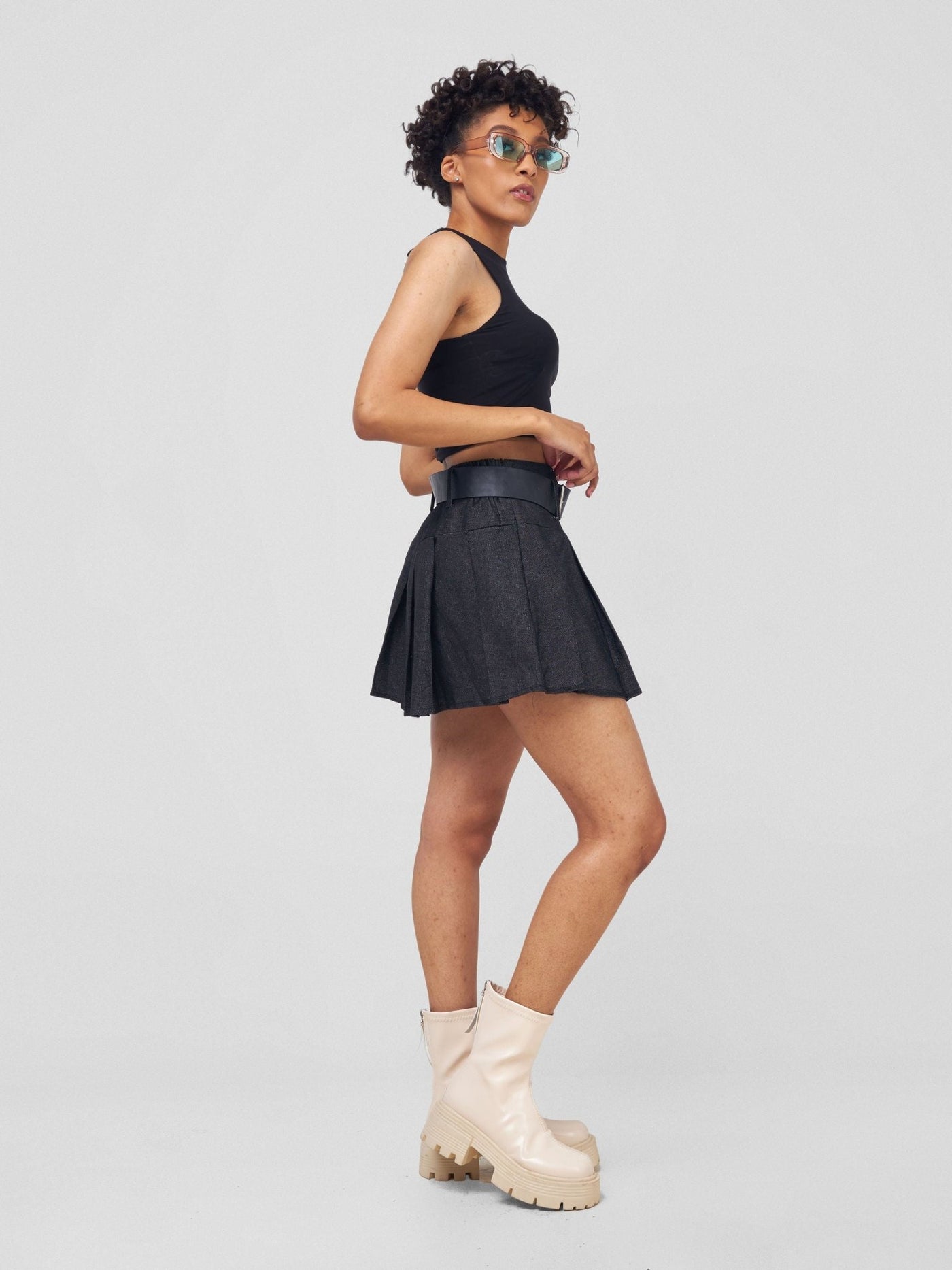 Carrie Wahu X SZ Denim Skater Skirt With Belt - Black - Shopzetu