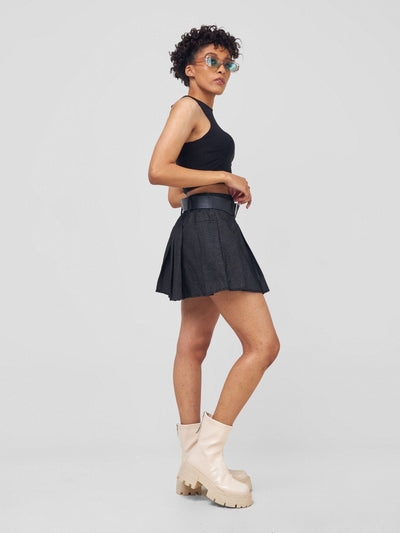 Carrie Wahu X SZ Denim Skater Skirt With Belt - Black - Shopzetu