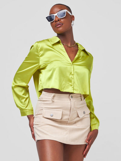 Carrie Wahu X SZ Cropped High Low Satin Shirt - Neon Green - Shopzetu