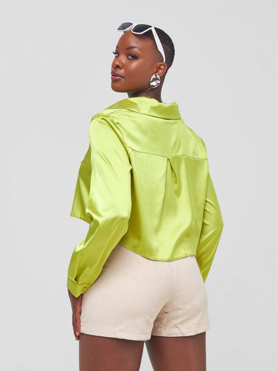 Carrie Wahu X SZ Cropped High Low Satin Shirt - Neon Green - Shopzetu