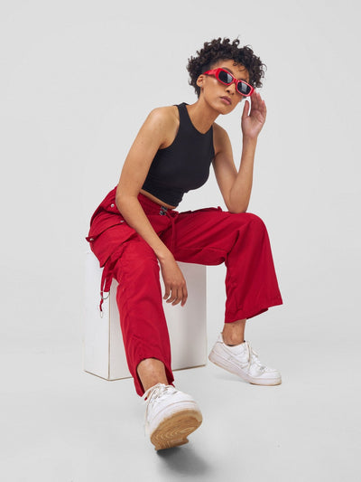 Carrie Wahu X SZ Midi Rise ''Design'' Straight Fit Cargo Trousers - Red - Shopzetu