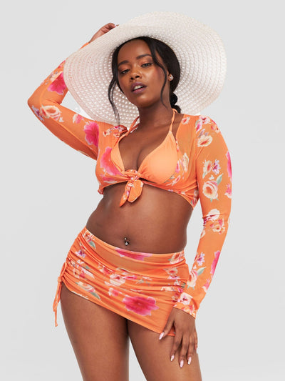 Sayuri Plain Tie Bikini Set and Mesh Flower Cover-Up Set - Orange - Shopzetu