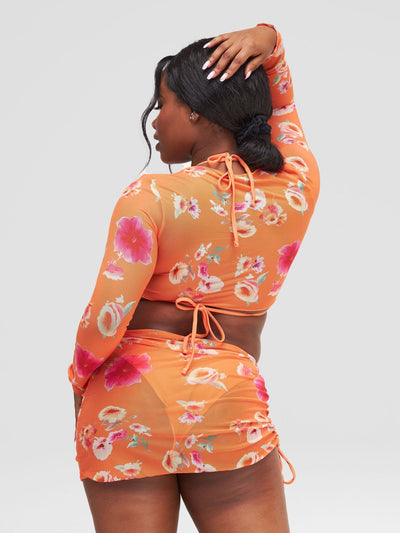 Sayuri Plain Tie Bikini Set and Mesh Flower Cover-Up Set - Orange - Shopzetu
