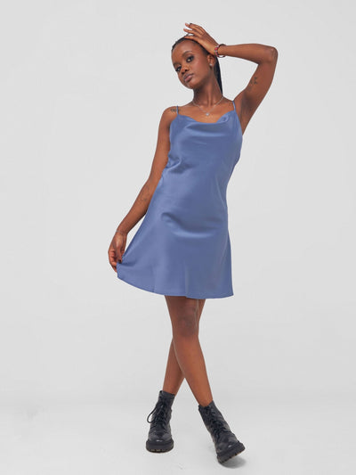 Carrie Wahu X SZ Trisha Spaghetti Strap Satin Midi Dress - Slate Blue - Shopzetu
