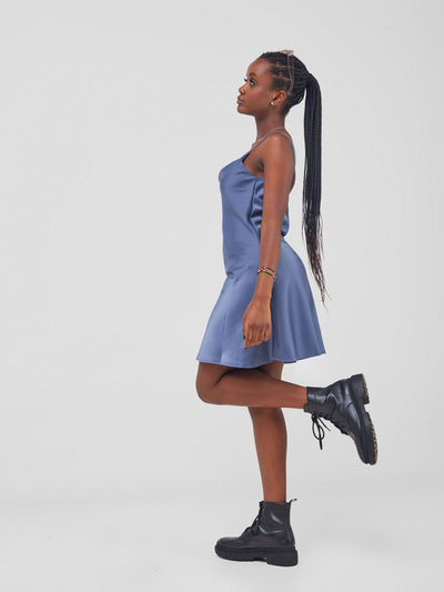 Carrie Wahu X SZ Trisha Spaghetti Strap Satin Midi Dress - Slate Blue - Shopzetu