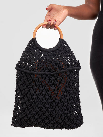 Sayuri Knitted Basket Boho Tote - Black - Shopzetu