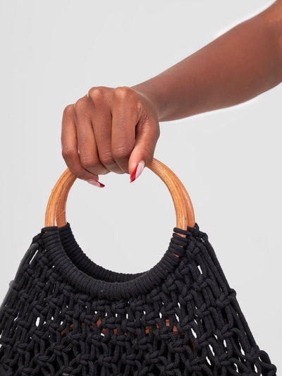 Sayuri Knitted Basket Boho Tote - Black - Shopzetu