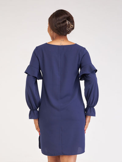 Vivo Ziwa Ruffle Long Sleeve Shift Dress (Petite) - Navy Blue - Shopzetu