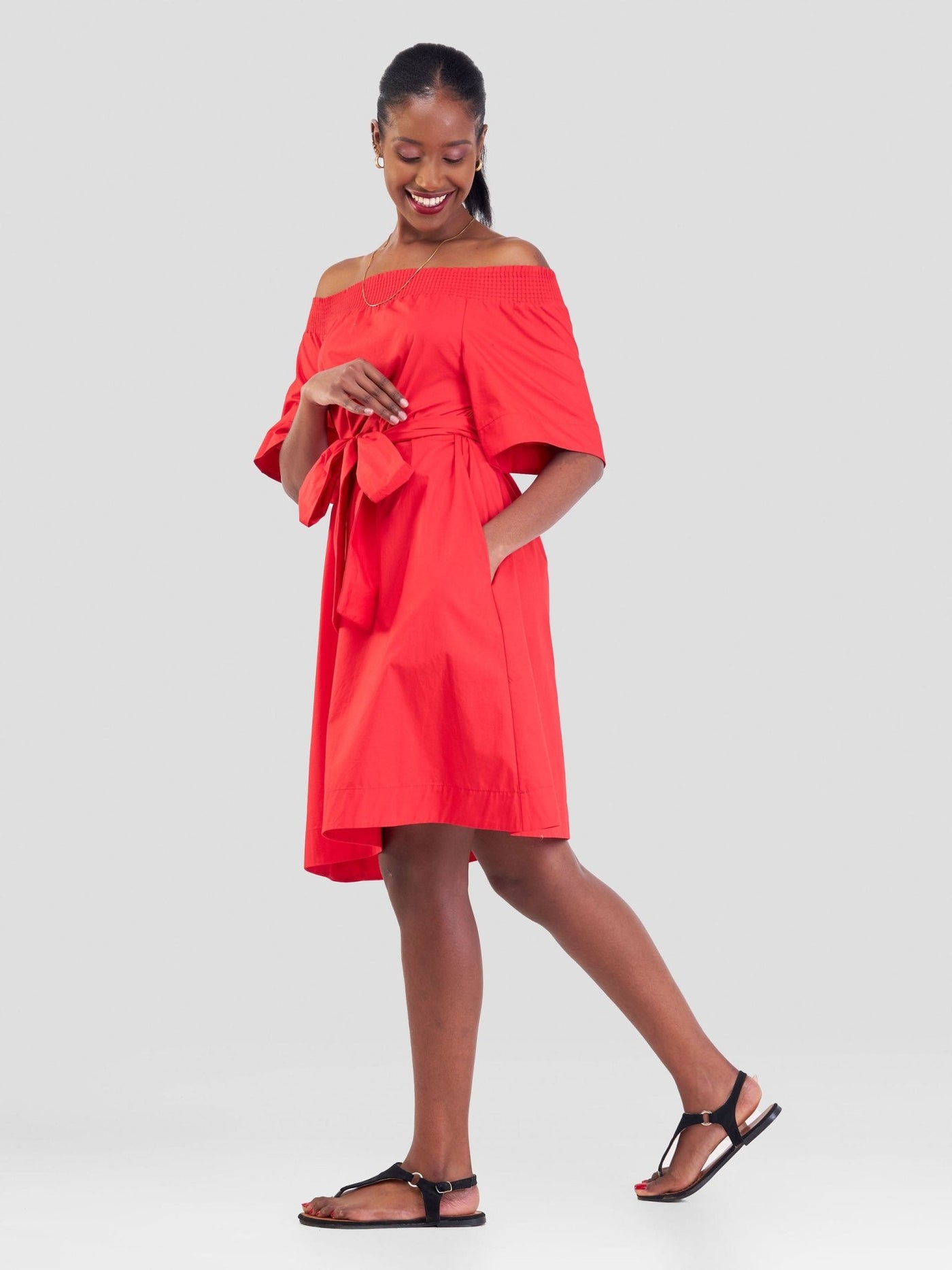 Safari Zene Off Shoulder Dress - Red - Shopzetu