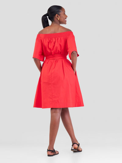 Safari Zene Off Shoulder Dress - Red - Shopzetu