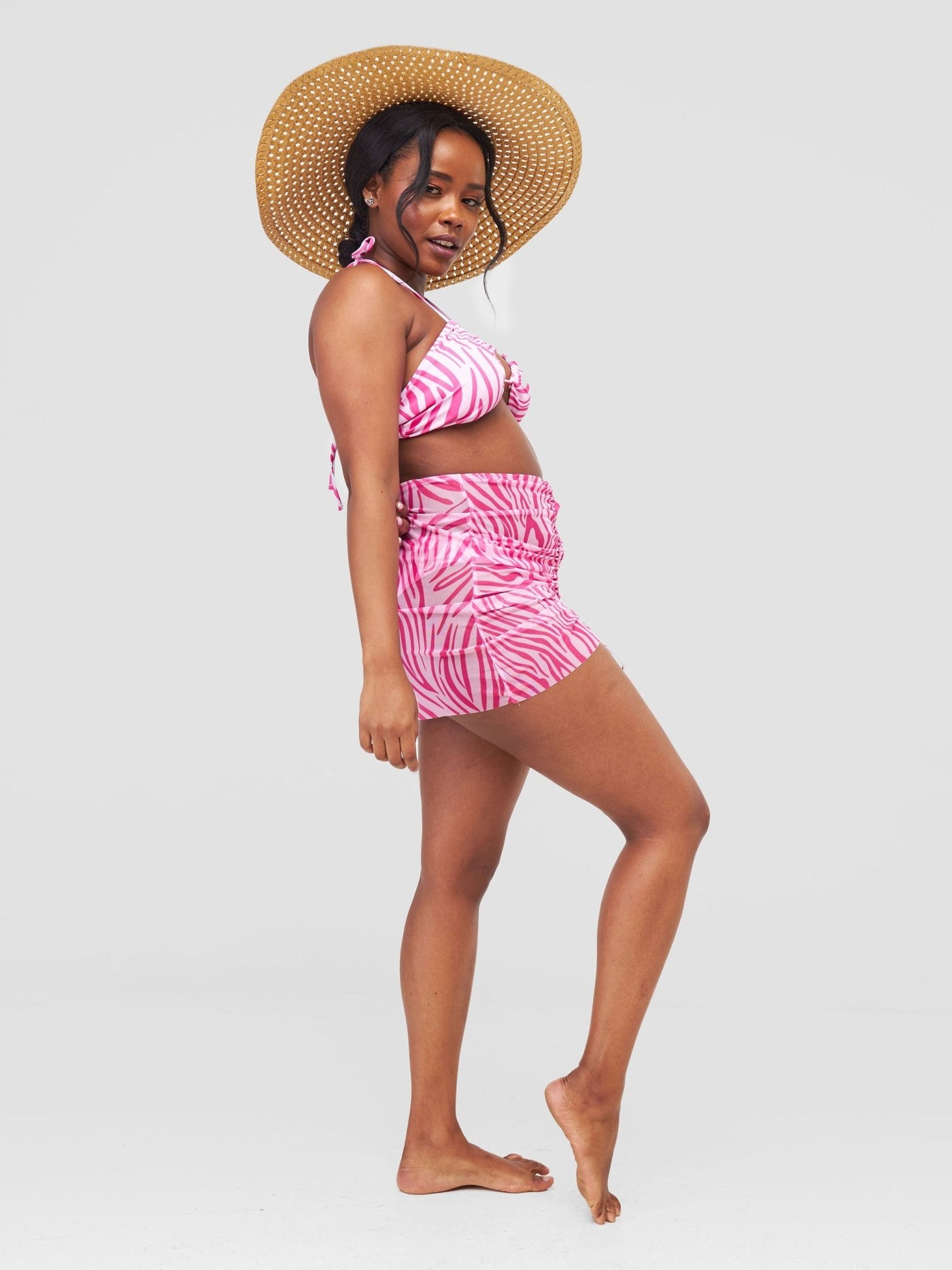 Sayuri Patterned Tie Bikini Set and Mesh Skirt - Pink - Shopzetu
