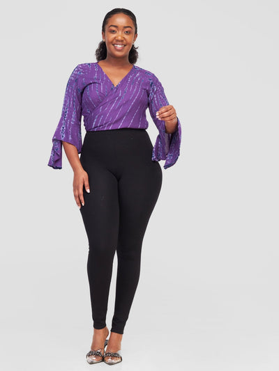 Sayuri Flare Sleeve Patterned Wrap Shirt - Purple - Shopzetu