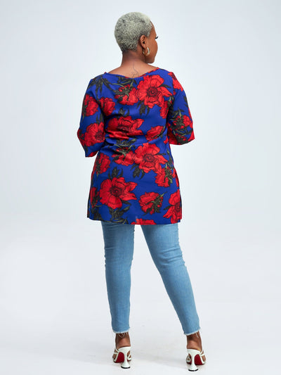 Vivo Maisha Tunic Top - Blue / Red Floral Print - Shopzetu