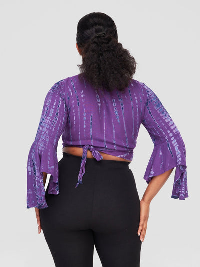 Sayuri Flare Sleeve Patterned Wrap Shirt - Purple - Shopzetu