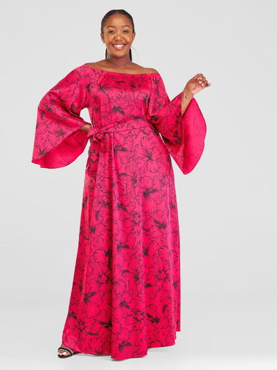Vivo Sanali Off - Shoulder Maxi Dress - Hot Pink Hibi Print - Shopzetu