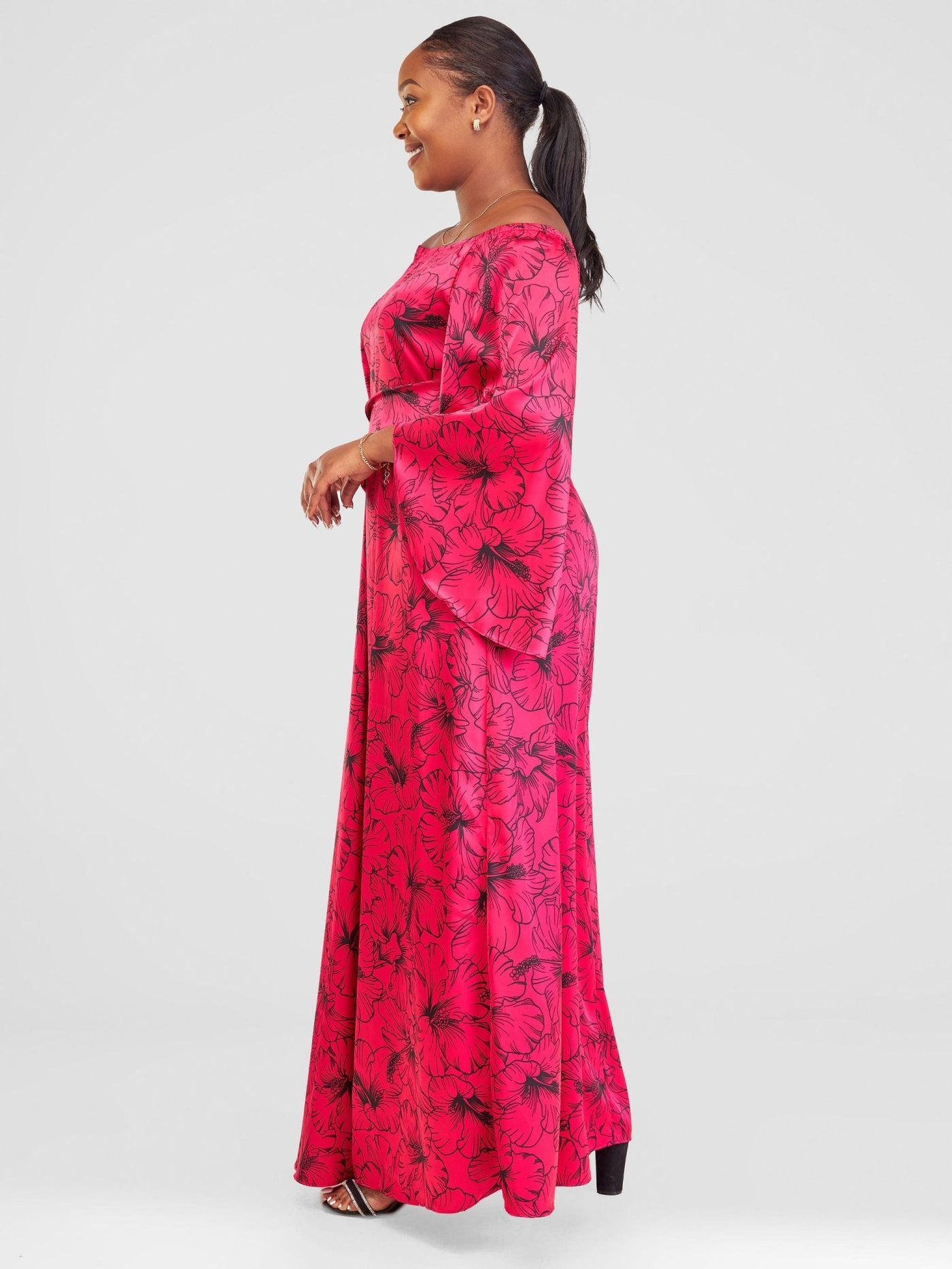 Vivo Sanali Off - Shoulder Maxi Dress - Hot Pink Hibi Print - Shopzetu