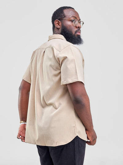 Zetu Men's Button Down Crepe Single Pocket Shirt - Beige - Shopzetu