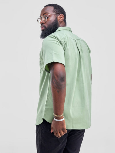Zetu Men's Button Down Crepe Single Pocket Shirt - Green - Shopzetu