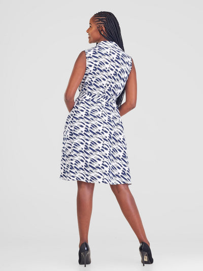 Vivo Zuri Sleeveless Tent Knee Length Dress - White / Navy Blue Abstract Print - Shopzetu