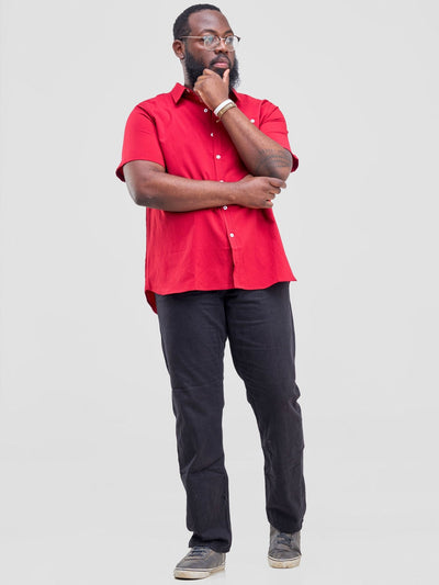 Zetu Men's Button Down Crepe Single Pocket Shirt - Red - Shopzetu