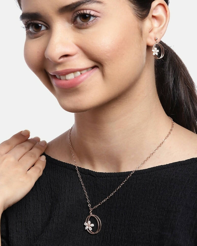 Slaks World Fashion Cubic Zirconia Studded Necklace With Earrings - Rose Gold - Shopzetu