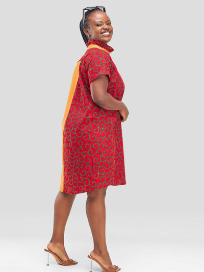 Vazi Afriq Cotton Ankara Shirt Dress - Red / Brown - Shopzetu