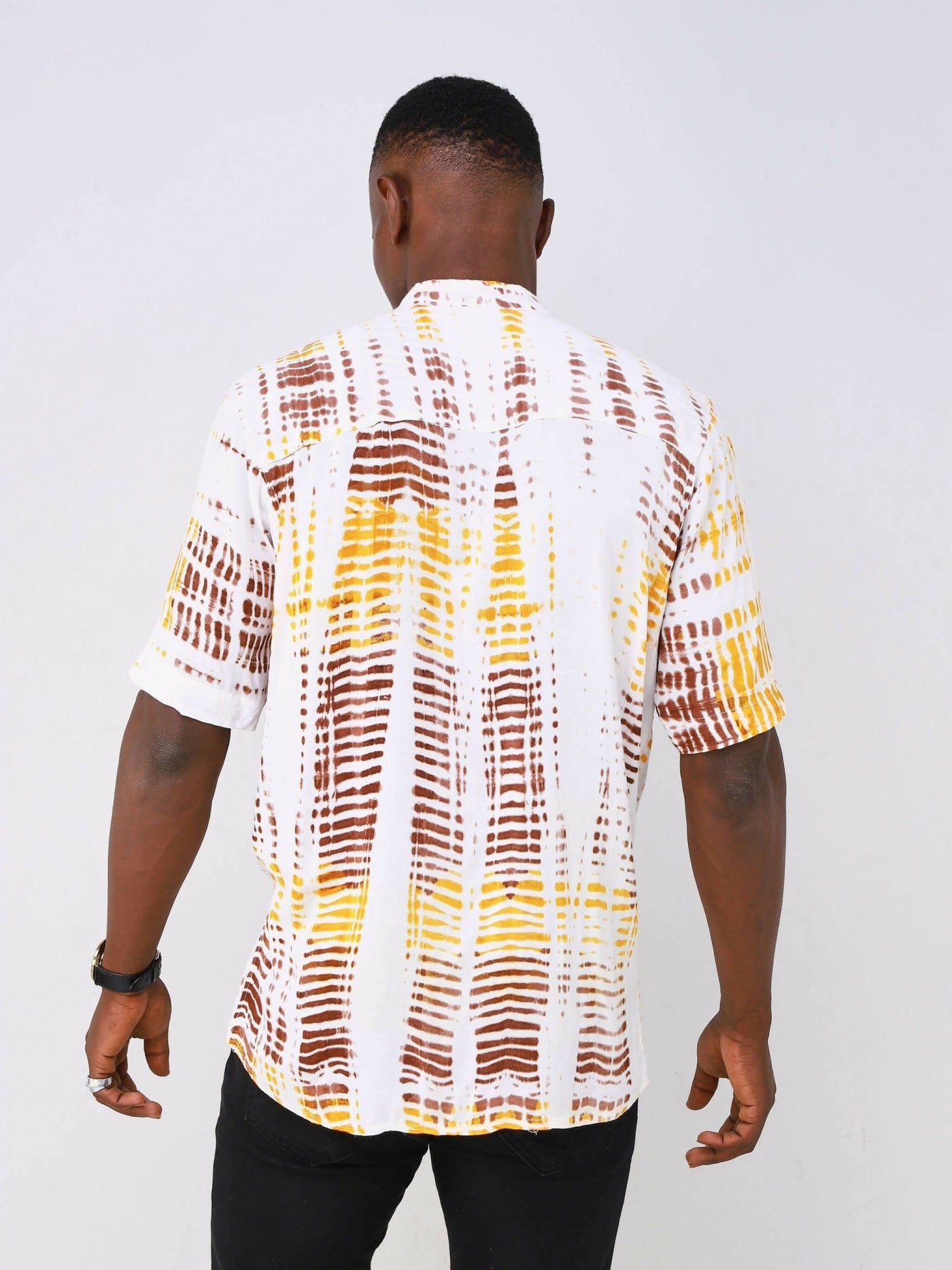 Vazi Afriq Tie & Dye Chinese Collar Shirt - Orange / Brown Print - Shopzetu